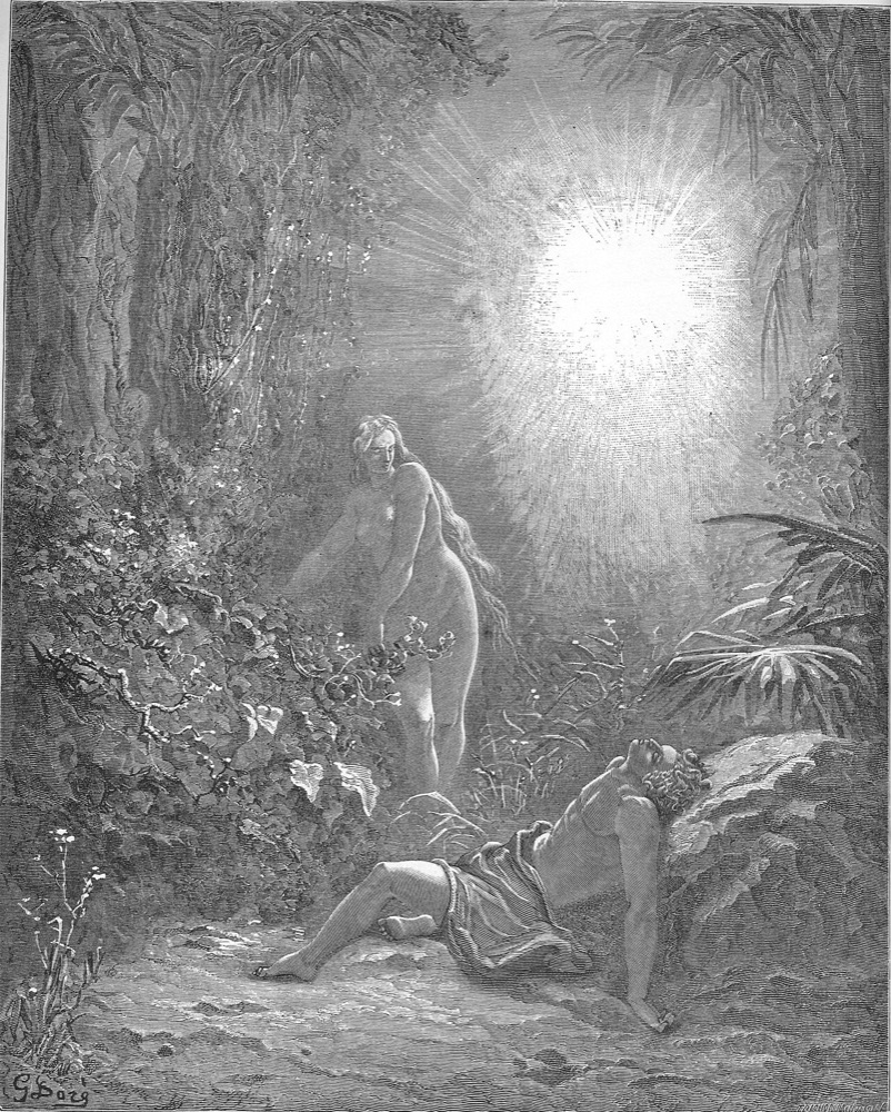 Engraving of Eve standing in a sunlit garden while Adam sleeps on the ground